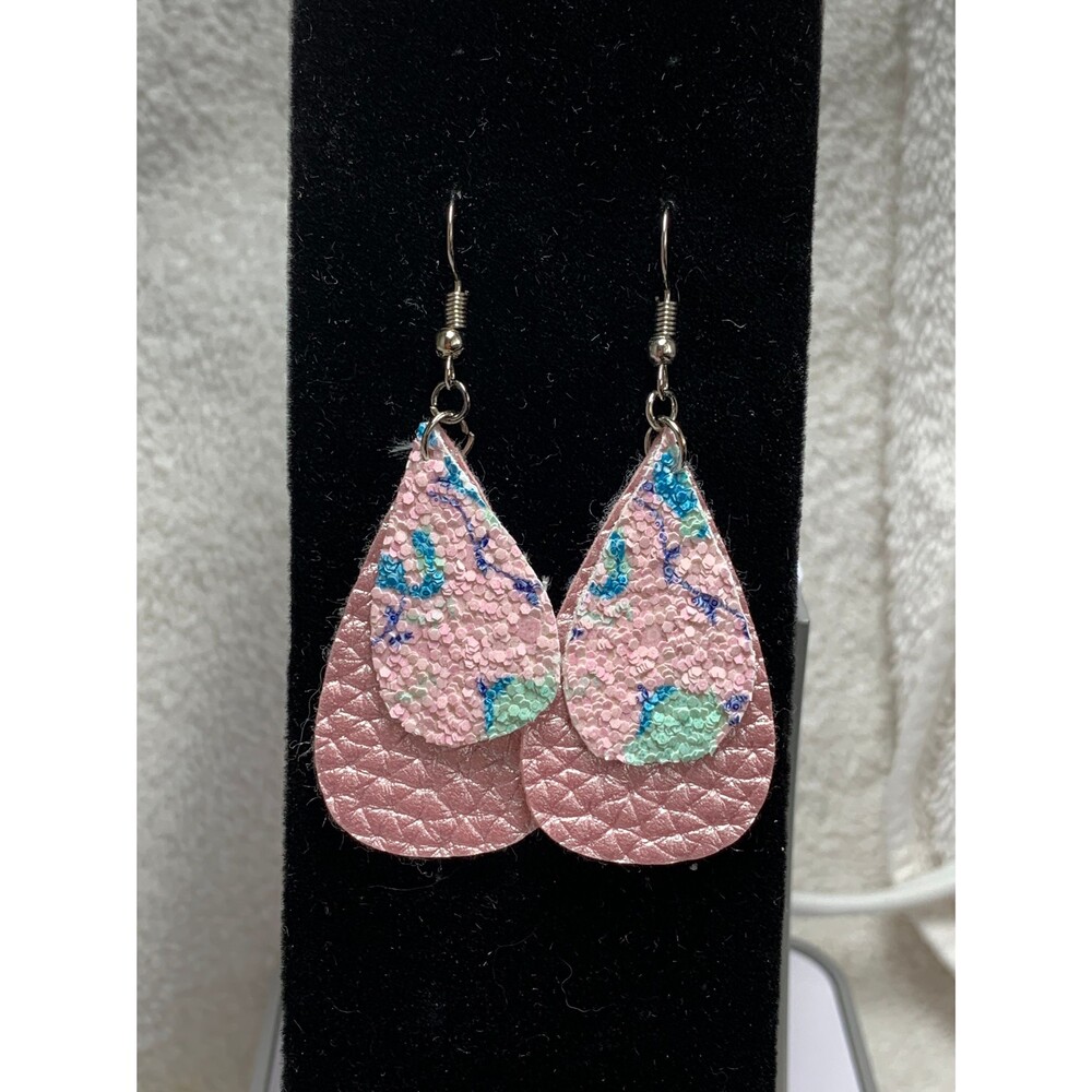 Pink Floral Faux Leather Teardrop Earrings